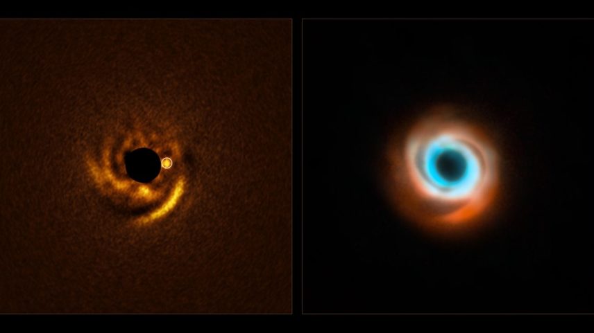 Ponto brilhante à esquerda mostra possível planeta em formação ao redor da estrela HD 135344B (escondida pelo círculo preto); à direita, imagem combinada revela os braços de poeira e gás esculpidos ao redor da estrela. (Foto: ESO/F. Maio et al./T. Stolker et al./ ALMA (ESO/NAOJ/NRAO)/N. van der Marel et al.)