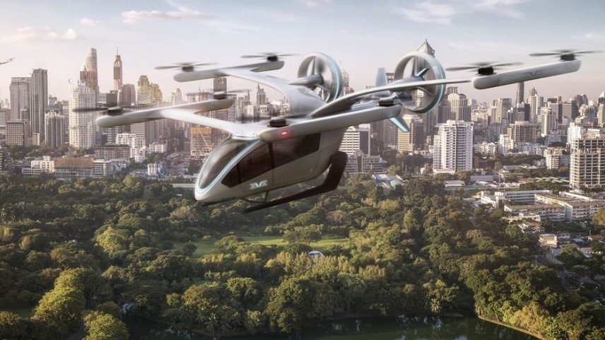 O carro voador é um projeto da própria Embraer (Foto: Eve Air Mobility | Divulgação)