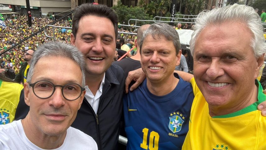 Romeu Zema, Ratinho Júnior, Tarcísio de Freitas e Ronaldo Caiado em evento na Paulista (Foto: Reprodução/X via @RomeuZema)