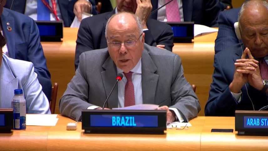 O chanceler Mauro Vieira cita na ONU ações que países podem tomar contra violações do direito por Israel na Faixa de Gaza (Foto: Reprodução/UNTV)