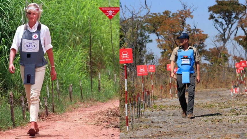 Lady Di caminhando sobre campo de minas terrestres em Angola em 1997 e o filho, príncipe Harry, nesta quarta-feira (16) (Foto: John Stillwell/PA via AP / HALO Trust / AFP)