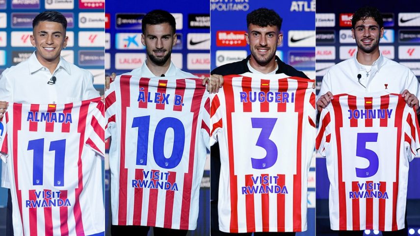 Jogadores Almada, Álex Baena, Ruggeri e Johnny Cardoso, recém-contratados pelo Atlético nesta temporada, são apresentados da esquerda para a direita. (Foto: Gustavo Valiente / Xinhua News / ContactoPhoto)