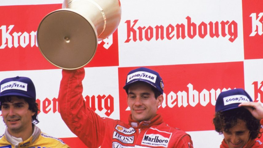 Ayrton Senna, Nelson Piquet e Alain Prost, no pódio do GP de San Marino em 1988 (Foto: Lemyr Martins/VEJA)