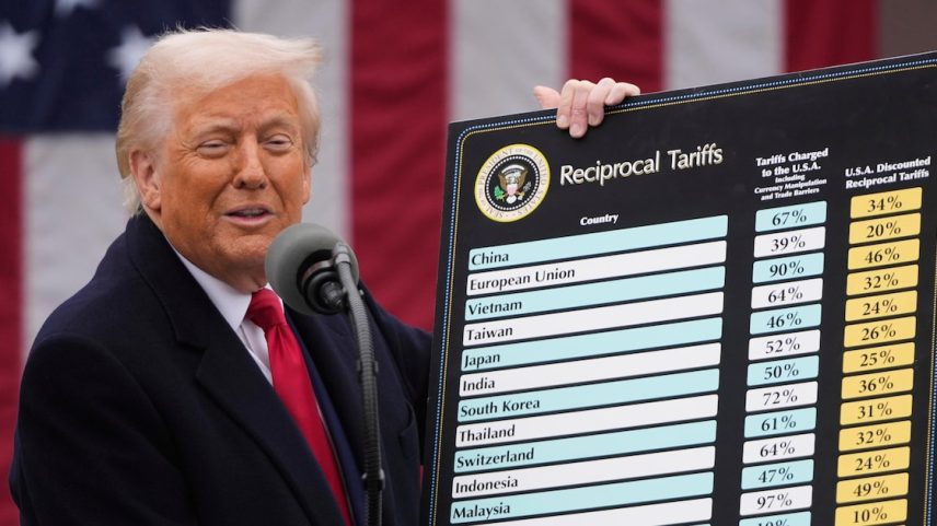 O presidente dos Estados Unidos, Donald Trump, ao anunciar tarifas aos países em 2 de abril (Foto: Mark Schiefelbein/AP)