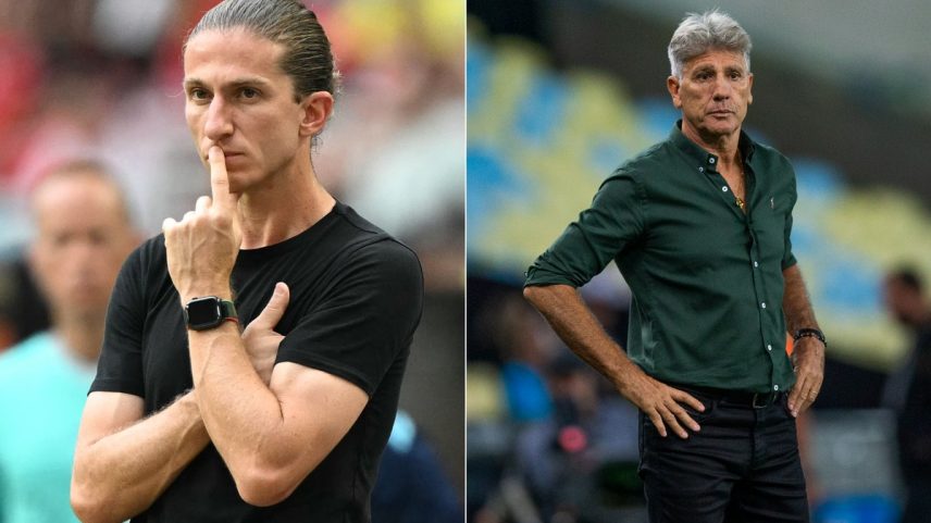 Filipe Luís e Renato Gaúcho duelam pela primeira vez no Fla-Flu (Foto: PATRICIA DE MELO MOREIRA / AFP e Guito Moreto / Agência O Globo)