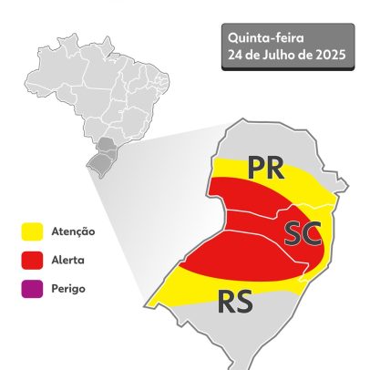 Sul enfrenta chuvas intensas nesta quinta, enquanto calor persiste no Centro-Norte