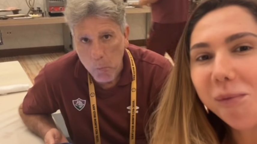 Renato e Carol Portaluppi no hotel do Flu em Orlando (Foto: Reprodução)