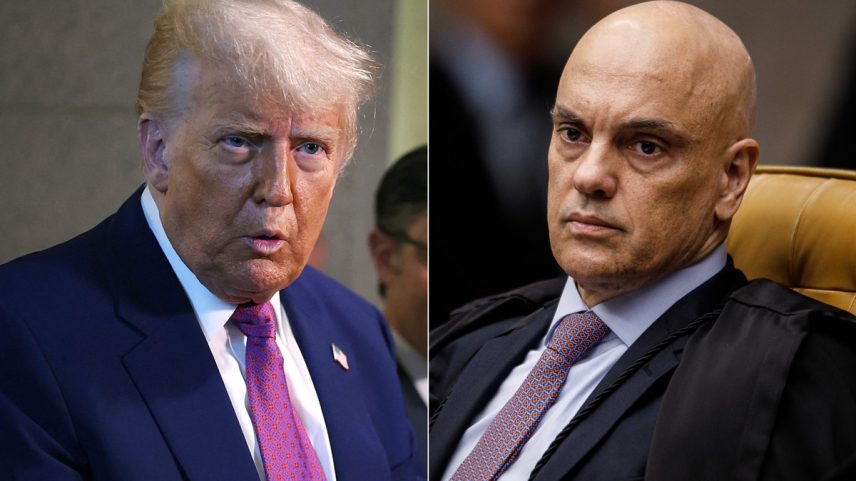Trump e Moraes, o seu alvo de hoje, segundo o bolsonarismo — Foto: Fotos de Tasos Katopodis/Getty Images via AFP e Brenno Carvalho/O Globo