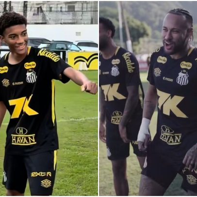 Filho de Robinho treina cobranças de falta com Neymar na base do Santos