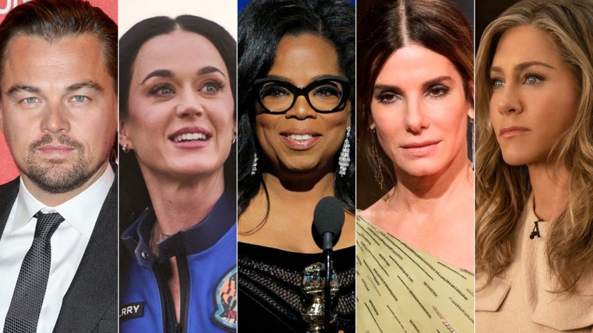 Celebridades estão com casas sob risco nos EUA diante de alerta de tsunami: da esquerda para a direita, Leonardo DiCaprio, Katy Perry, Oprah Winfrey, Sandra Bullock e Jennifer Aniston. (Foto: AFP)