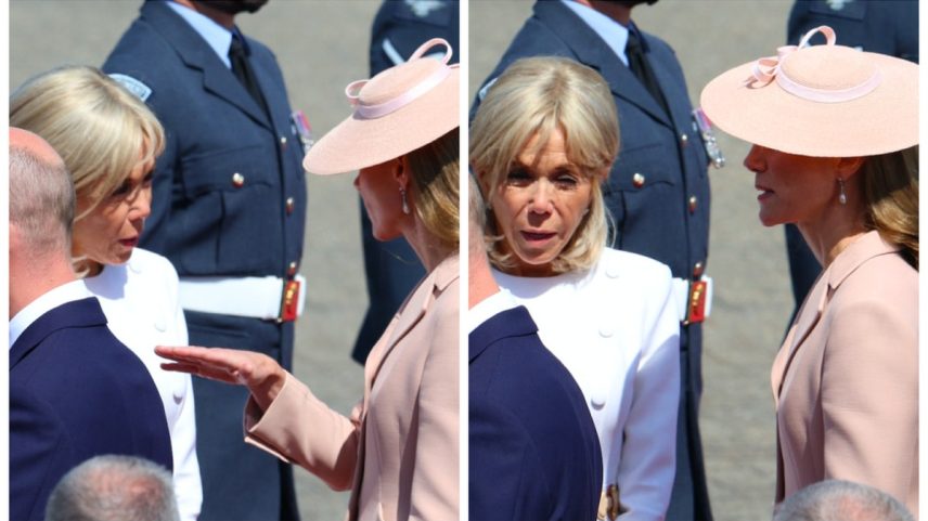 A Princesa Kate Middleton conversando com a primeira-dama francesa Brigitte Macron na chegada da comitiva da França à base aérea de Northolt, na Inglaterra (Foto: Getty Images)