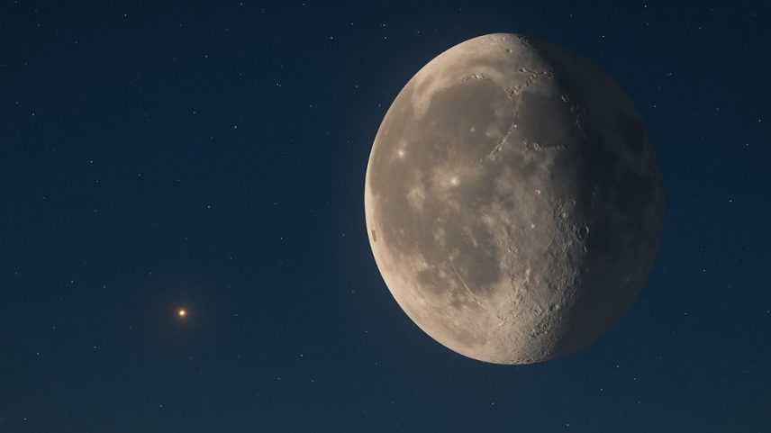 Marte e a Lua, lado a lado. (Foto: Urânia Planetário)