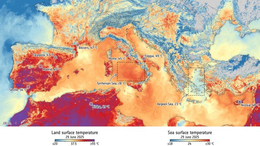 Temperaturas de até 54 °C na superfície mostram avanço da onda de calor no sul da Europa e Norte da África. Temperaturas extremas são consequências do aquecimento global. (Foto: Dados do Copernicus Sentinel (2025), processados ​​pela ESA)