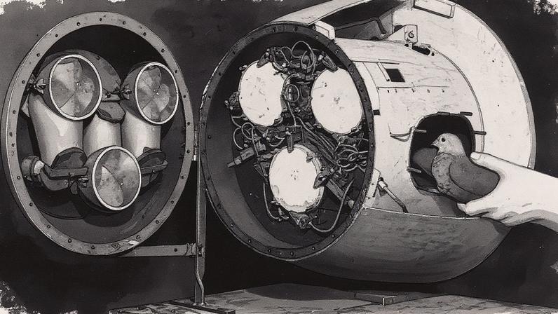 Uma mão colocando um pombo em uma abertura de um míssil - O psicólogo B.F. Skinner tentou tornar os mísseis mais precisos treinando pombos para guiá-los. (Foto: Reprodução)