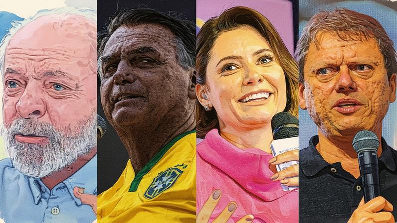 O presidente Luiz Inácio Lula da Silva; o ex-presidente Jair Bolsonaro; a ex-primeira-dama Michelle Bolsonaro; e o governador de São Paulo, Tarcísio de Freitas (Foto: Reprodução)