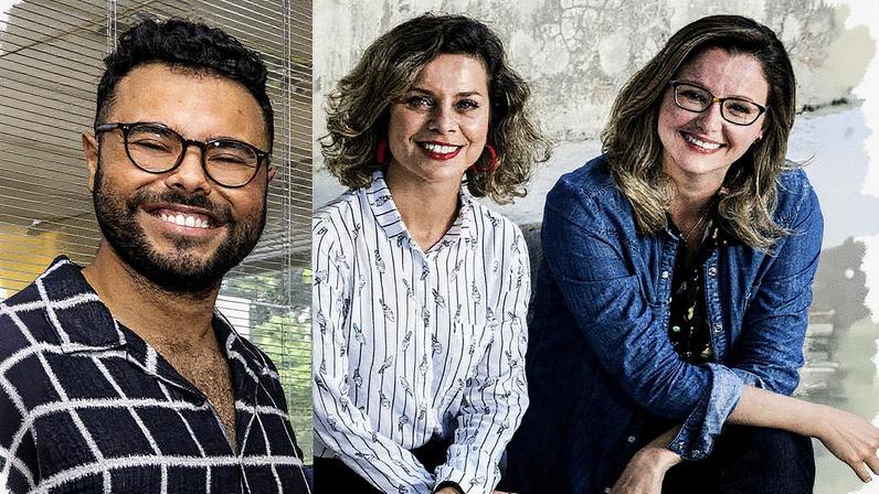 Juan Jullian, Carla Faour e Julia Spadaccini são roteiristas da Globo (Foto: Beatriz Damy e Victor Pollak/Globo)