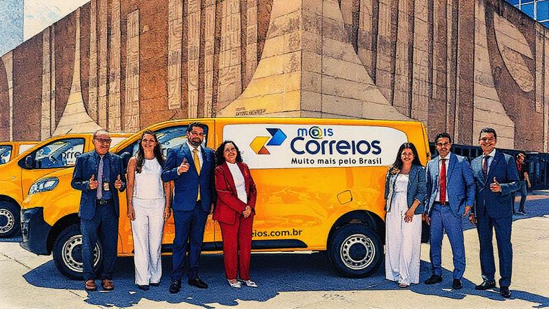 Fabiano Silva, presidente dos Correios (de gravata amarela), posa com representantes da Infracommerce em frente a van com o logo do marketplace da estatal (Foto: Shizuo Alves/MCom/Divulgação)