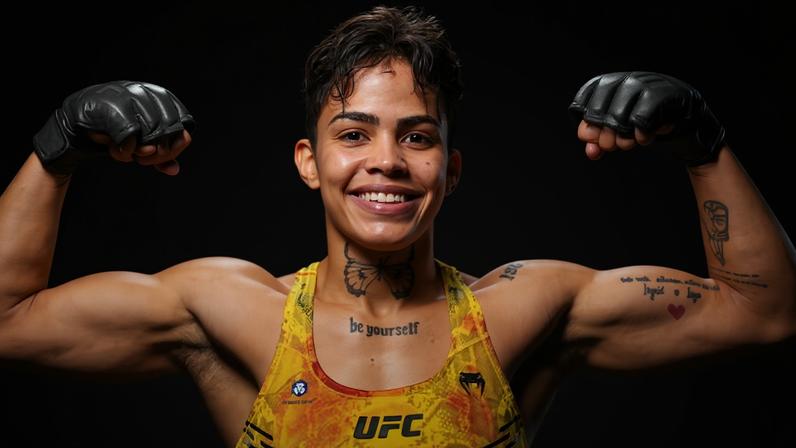 Iasmin Lucindo posa para um retrato nos bastidores do UFC 307 após a vitória sobre Marina Rodriguez no UFC 307, em outubro de 2024. (Mike Roach/Zuffa LLC)