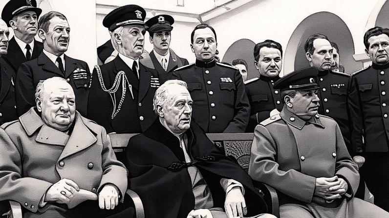 Winston Churchill, então primeiro-ministro britânico, Franklin Roosevelt, presidente dos EUA, e Joseph Stalin, líder soviético, em 1945, durante a Conferência de Yalta, na Crimeia (Foto: Reprodução)