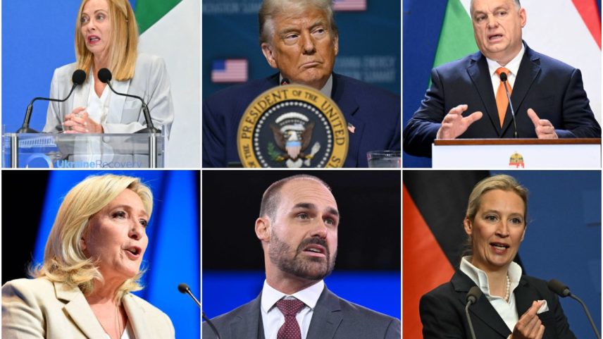 Principais expoentes da direita internacional reagiram de forma diferente dos políticos brasileiros em relação ao tarifaço (Foto: Andreas Solaro, Andrew Caballero-Reynolds, Attila Kisbenedek, Jean-Christophe Verhaegen, Saul Loeb e Attila Kisbenedek/AFP)
