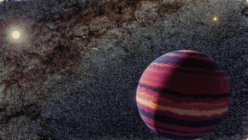 Concepção artística de planeta gigante gasoso em torno de Alfa Centauri A, com Alfa Centauri B ao fundo (Foto: Nasa/NYT)
