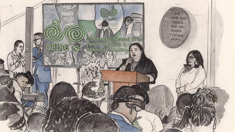 Sandra Rodríguez Rivera, da Associação do Conselho Regional Indígena do Guainía, nos Diálogos Amazônicos desta segunda-feira. (Foto: NATHALIA ANGARITA)