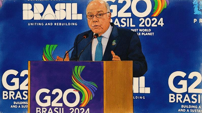 Ministro das Relações Exteriores, Mauro Vieira, fala após reunião de chanceleres do G20, no Rio de Janeiro (Foto: Tomaz Silva/Agência Brasil)