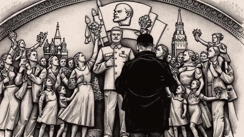 Comutador faz uma pausa em frente a um monumento recém-inaugurado que retrata Joseph Stalin na estação de metrô Taganskaya, em Moscou (Foto: Reprodução)