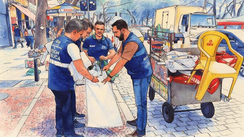 Agentes da Seop apreendem mercadorias de comerciantes durante operação na Feira da Glória (Foto: Divulgação/Seop)