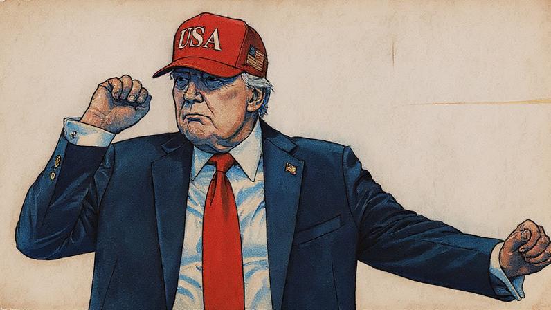 Donald Trump em um evento, usando um terno escuro e gravata vermelha, enquanto fala ao público (Foto: Reprodução)