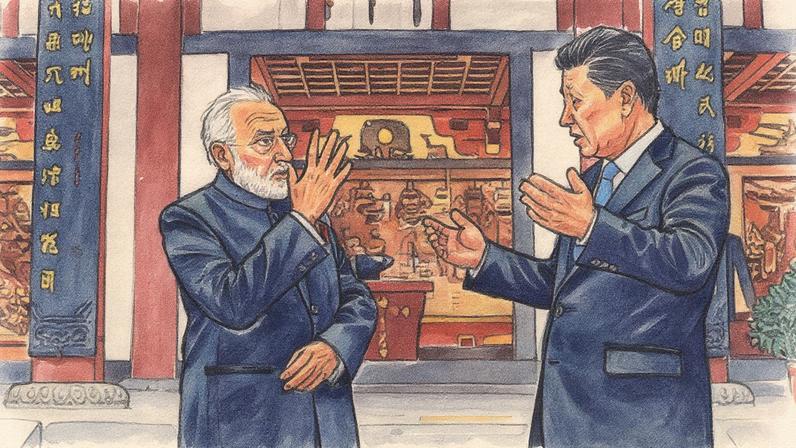 O presidente chinês Xi Jinping e o primeiro-ministro indiano Narendra Modi visitam o Templo Daci'en em 14 de maio de 2015 em Xi'an, China. (Foto: Sheng Jiapeng | CNSPHOTO | VCG | Getty Images)