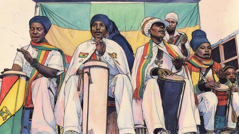 Membros da comunidade rastafári tocam tambores enquanto outros cantam e entoam cânticos durante uma celebração para marcar 133 anos desde o nascimento de Haile Selassie I no Teatro Nacional do Quênia em Nairóbi, Quênia, na quarta-feira, 23 de julho de 2025. (Foto: AP Photo/Andrew Kasuku)