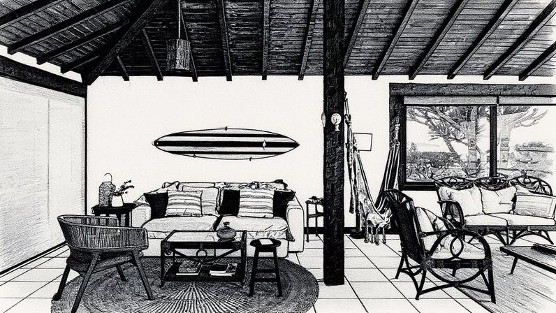 Área social | Em um dos ambientes, uma prancha de surfe vintage foi pendurada na parede pelo proprietário e se mantém desde a época da construção da casa, há 20 anos. Mobiliário da Lider Interiores, como a cadeira Arruda (verde) e o sofá Tony. Tapete de sisal e adornos da loja Ça Va Garimpo (Foto: EstudioNY18/Divulgação)