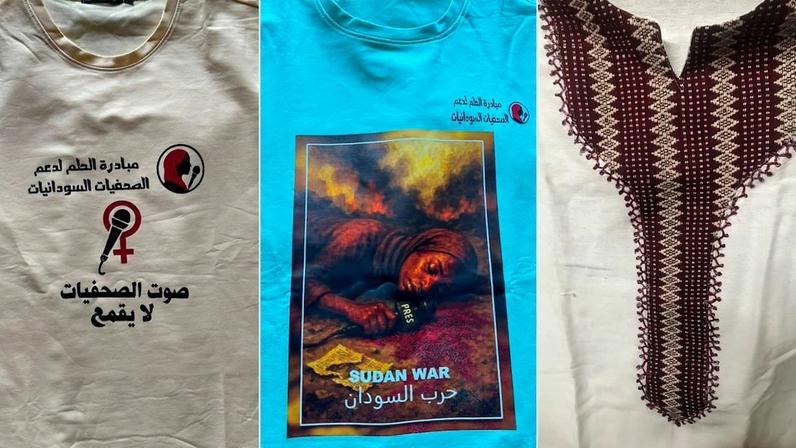 Imagens cedidas de algumas das camisetas do projeto comunitário em Sudão que permite a mulheres jornalistas seguir informando. (Foto: Reprodução)