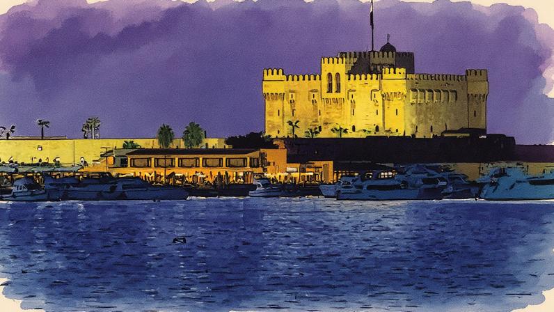 A cidadela medieval de Qaitbay, construída durante o reinado do sultão mameluco homônimo entre 1477-1479 no exato local do antigo farol ptolemaico de Alexandria, está iluminada à noite na cidade costeira do Mediterrâneo no norte do Egito, Alexandria, em 24 de novembro de 2023. (Foto: Amir MAKAR / AFP)