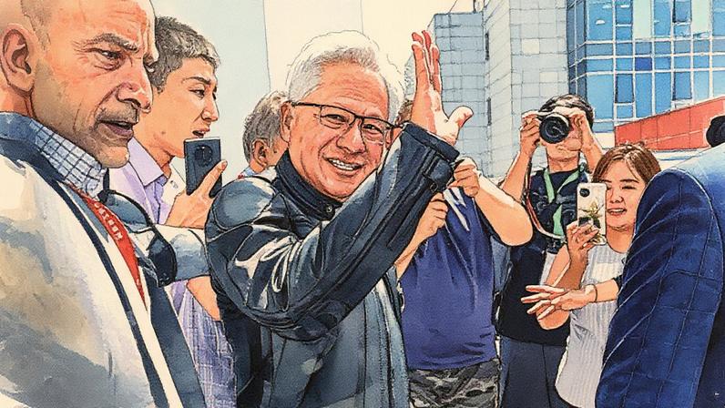 Jensen Huang, CEO da Nvidia, acena para a multidão ao deixar a China International Supply Chain Expo (CISCE) em Pequim no dia 17 de julho de 2025. (Foto: Jade Gao | Afp | Getty Images)