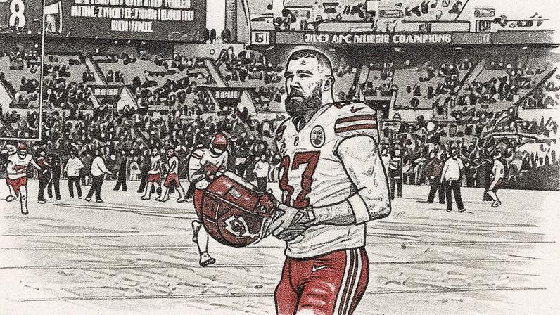 Travis Kelce #87 do Kansas City Chiefs se aquece antes do jogo de futebol americano da AFC Championship contra o Baltimore Ravens no M&T Bank Stadium em 28 de janeiro de 2024, em Baltimore, Maryland. (Foto: Perry Knotts/Getty Images)