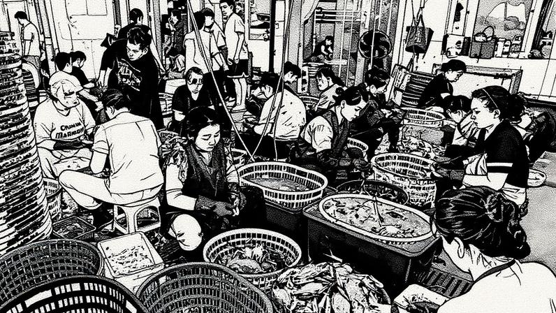 Pessoas classificam caranguejos para venda em Zhoushan, província de Zhejiang, em 18 de agosto. (Foto: AFP via Getty Images)