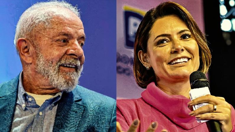 O presidente Lula e a ex-primeira-dama Michelle Bolsonaro (Foto: Ricardo Stuckert/PR - Zack Stencil/PL/Divulgação)