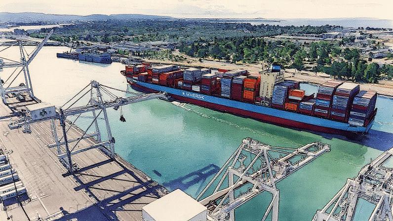 Um navio porta-contêineres chega ao Porto de Oakland em 1º de agosto de 2025 em Oakland, Califórnia. (Foto: Justin Sullivan | Getty Images)