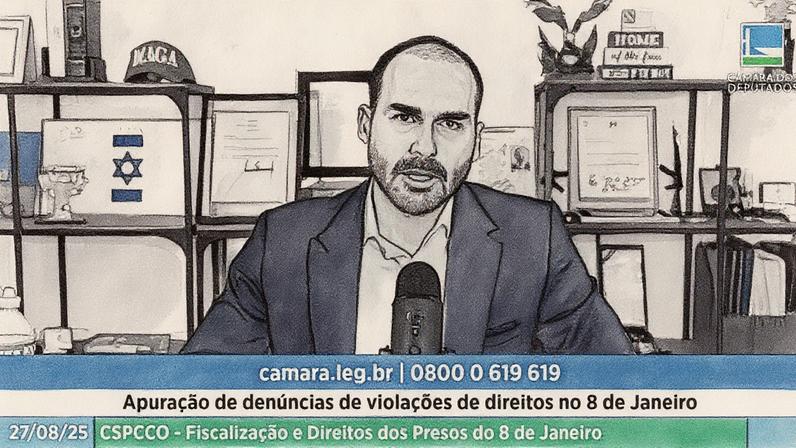 Deputado Eduardo Bolsonaro, nos Estados Unidos, participou remotamente de audiência na Câmara (Foto: Divulgação)