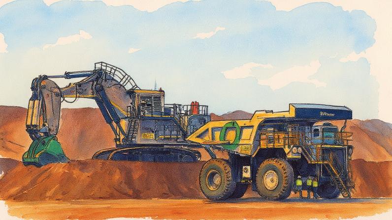 Escavadeira e protótipo de caminhão elétrico da Fortescue em exibição, parte da estratégia para zerar emissões (Foto: Reprodução)