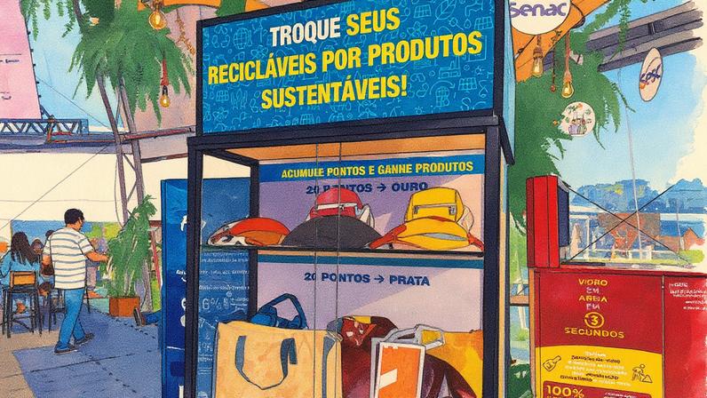 Estande do Ifes tem troca de garrafas e latas por itens reciclados (Foto: Carol Zappa)