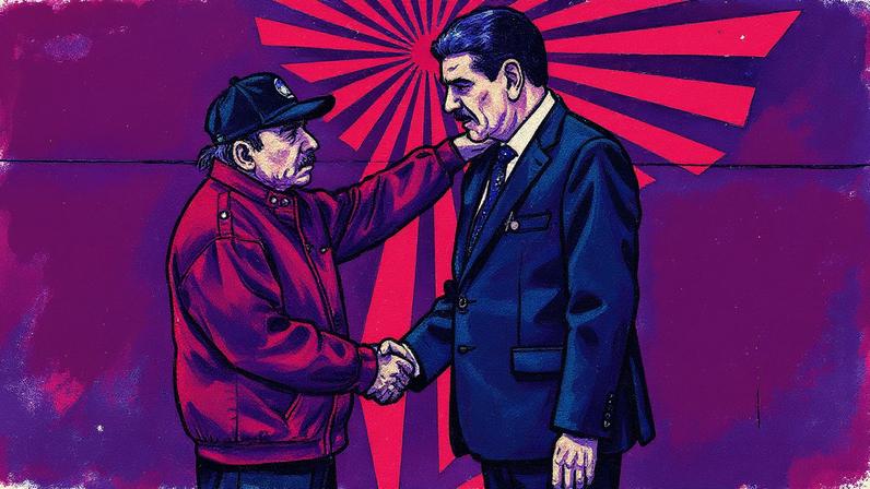 Nicolas Maduro (dir.) aperta a mão do líder da Nicarágua, Daniel Ortega, durante reunião de líderes dos estados membros da Aliança Bolivariana para os Povos da Nossa América em Caracas, Venezuela. 14/12/2024 (Foto: Pedro Rances Mattey/Anadolu/Getty Images)