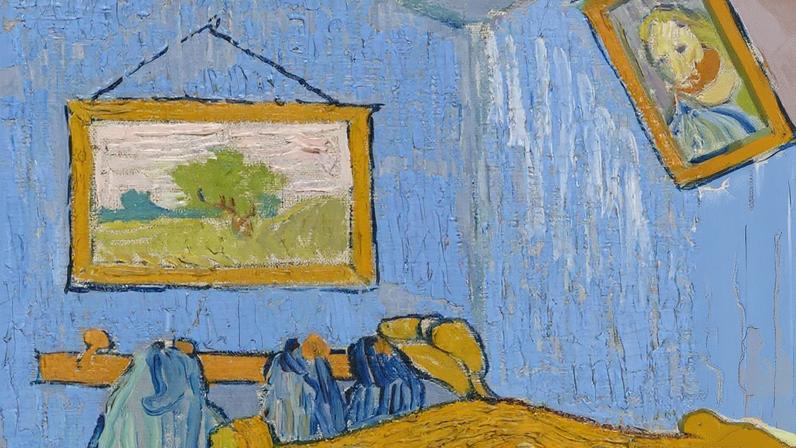 Detalhe da obra "O Quarto" de Van Gogh, mostrando uma paisagem pendurada na parede (Foto: Reprodução)