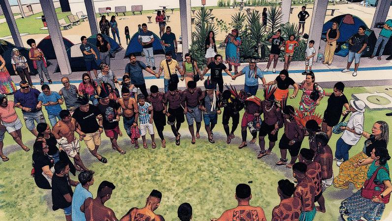 Indígenas de várias etnias da Amazônia ocupam sede da Secretaria de Educação do Pará, em Belém, durante protestos no início do ano (Foto: Nay Jinknss - 22.jan.25/Divulgação)