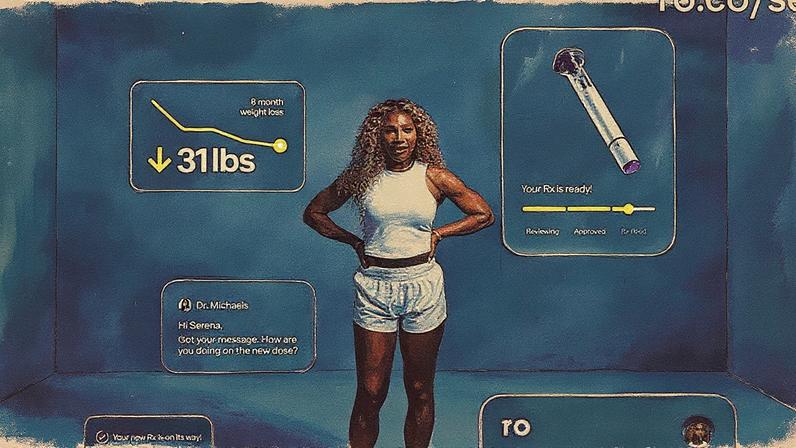 Serena Williams assumiu o uso de canetas para obesidade e se tornou embaixadora do programa de emagrecimento da Ro, empresa que oferece esses medicamentos (Foto: Reprodução/Youtube/Ro.co)