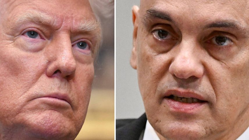 Fotos de Donald Trump e do ministro Alexandre de Moraes, protagonistas de embate - 30.jul.2025 e Evaristo Sá - 10.jun.2025 (Foto: AFP)