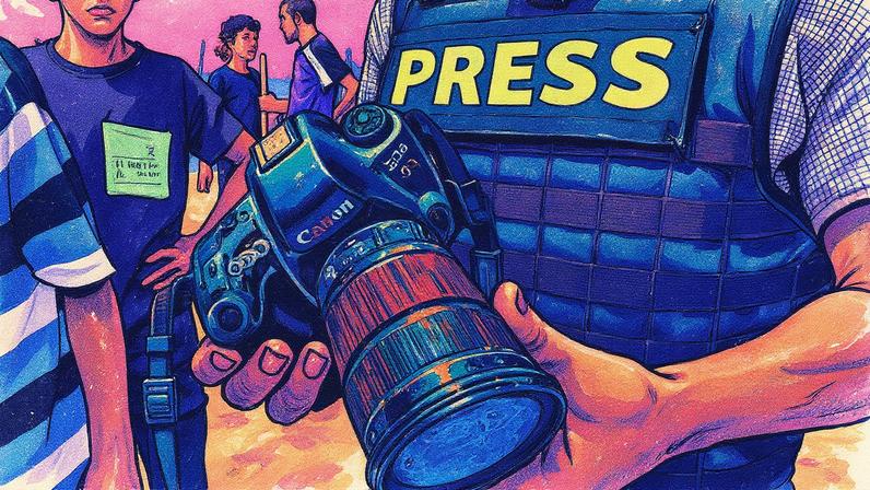 Jornalista segura a câmera coberta de sangue de Hussam al-Masri, fotojornalista palestino morto em ataque israelense ao hospital Nasser, em Khan Younis, durante seu funeral em 25 de agosto de 2025 (Foto: AFP)