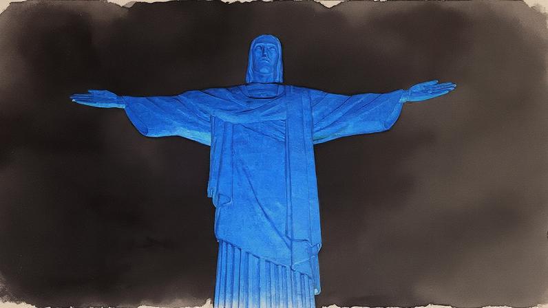 Cristo Redentor em azul, homenageando os 100 anos de Globo (Foto: Divulgação)